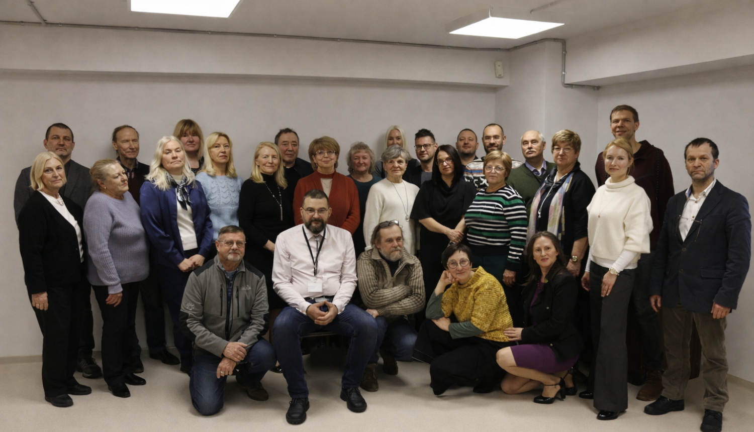 Darba kolektiva kopbilde, fonā balta siena